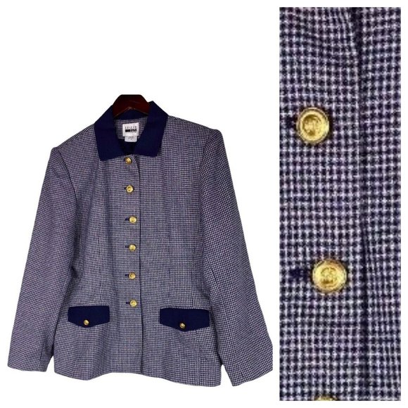 Vtg Leslie Fay 14 XL Blazer Jacket Navy Blue Gold Nautical Gingham Career - Picture 1 of 6
